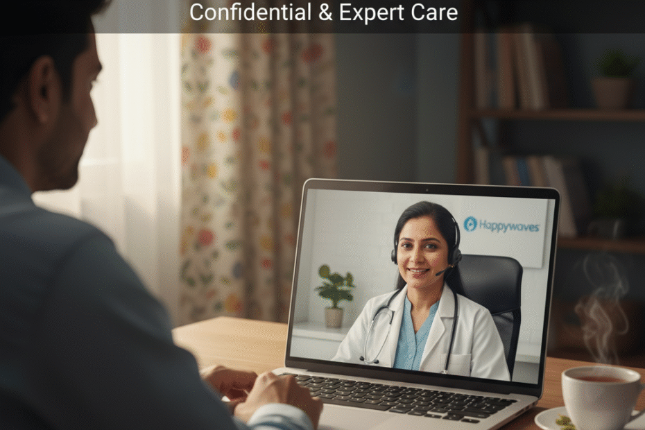 Man consulting a sexologist doctor online via a video call on a laptop, receiving confidential and expert care from a sexual health clinic for various sexual health issues.