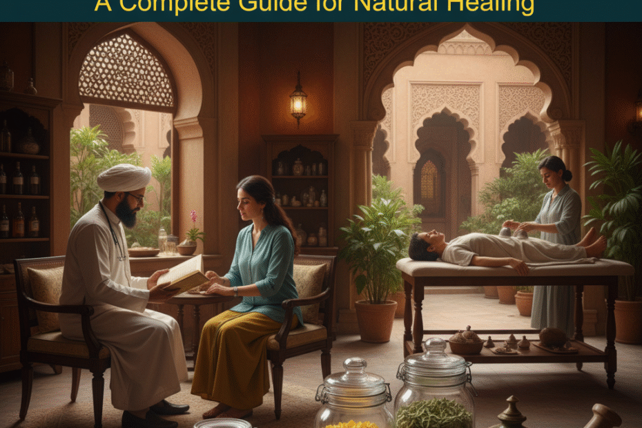 Traditional Unani practitioner consulting a patient in a serene unani clinic in India, surrounded by herbal remedies, with a patient receiving a therapeutic Unani Treatment in India in the background, representing the best unani treatment in India